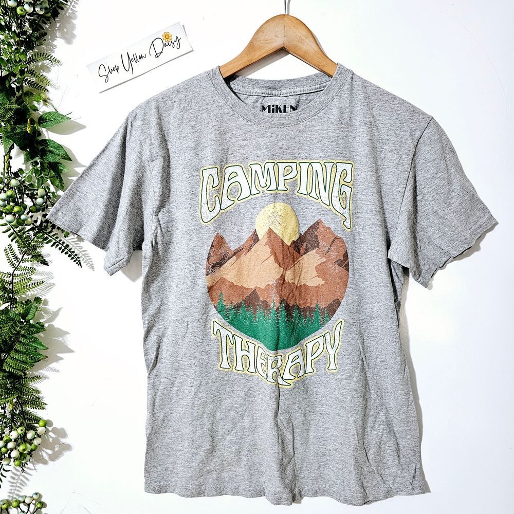 Miken Camping Therapy Graphic T-Shirt Grey Heather Mountain Nature‎ Tee Medium